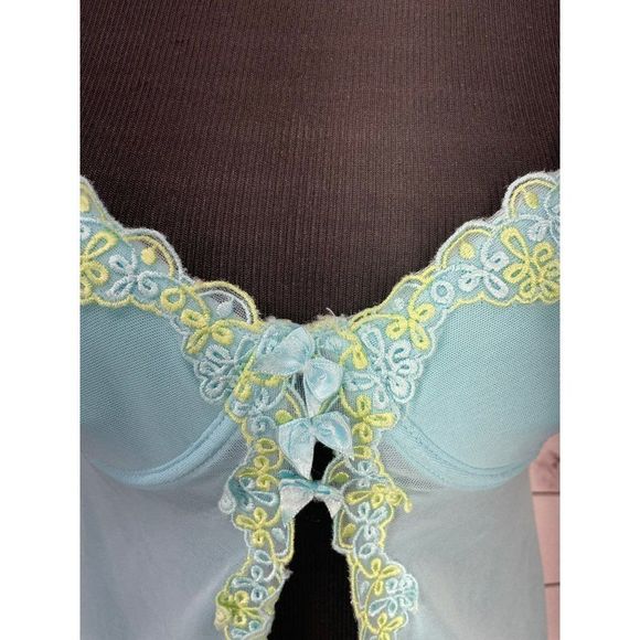 Van Dale Women's Power Blue Yellow Underwire Nightie Slip Sheer Lace‎ 90's  34C - Picture 2 of 4